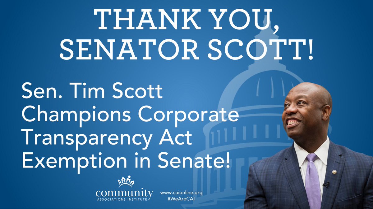 CAIadvocacy's tweet image. We are excited to share that @SenatorTimScott has introduced a Senate Companion Bill that will delay BOI reporting requirements for community associations! #WeAreCAI Learn more: caionline.org/Advocacy/Prior…