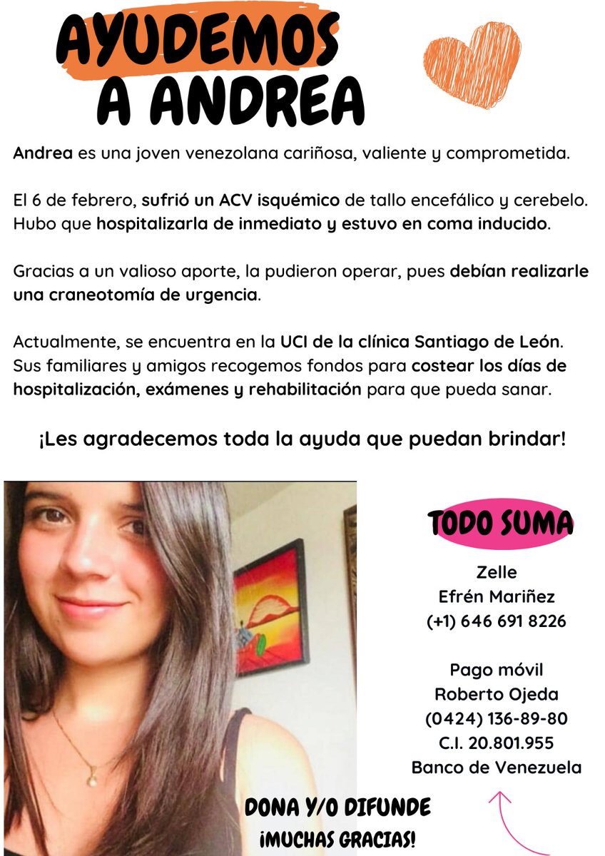 Andre es una mujer extraordinaria y una gran compañera de trabajo. Por favor, toda ayuda que nos puedan brindar para que logre sanar la agradeceremos de corazón 🙏🏻❤️