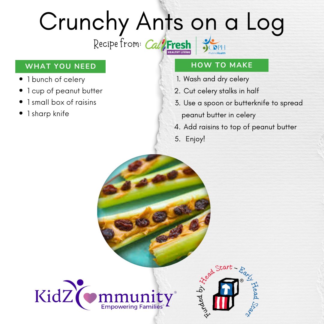 #KidZCommunity #MenuMonday - Try this ants on a log snack recipe from #CalFreshHealthyLiving 💜

#HeadStart #EarlyHeadStart #EarlyLearning #EmpoweringFamilies #GetAHeadStart #ComeEatWithUs #NowHiring #NowEnrolling #PlacerCounty #NevadaCounty