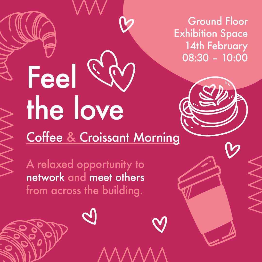 Start your Valentine's Day with coffee and sweet treats tomorrow morning❣️ Join us in reception from 8:30am to share your love for innovation with fellow businesses based in The Catalyst! 💖☕️🥐