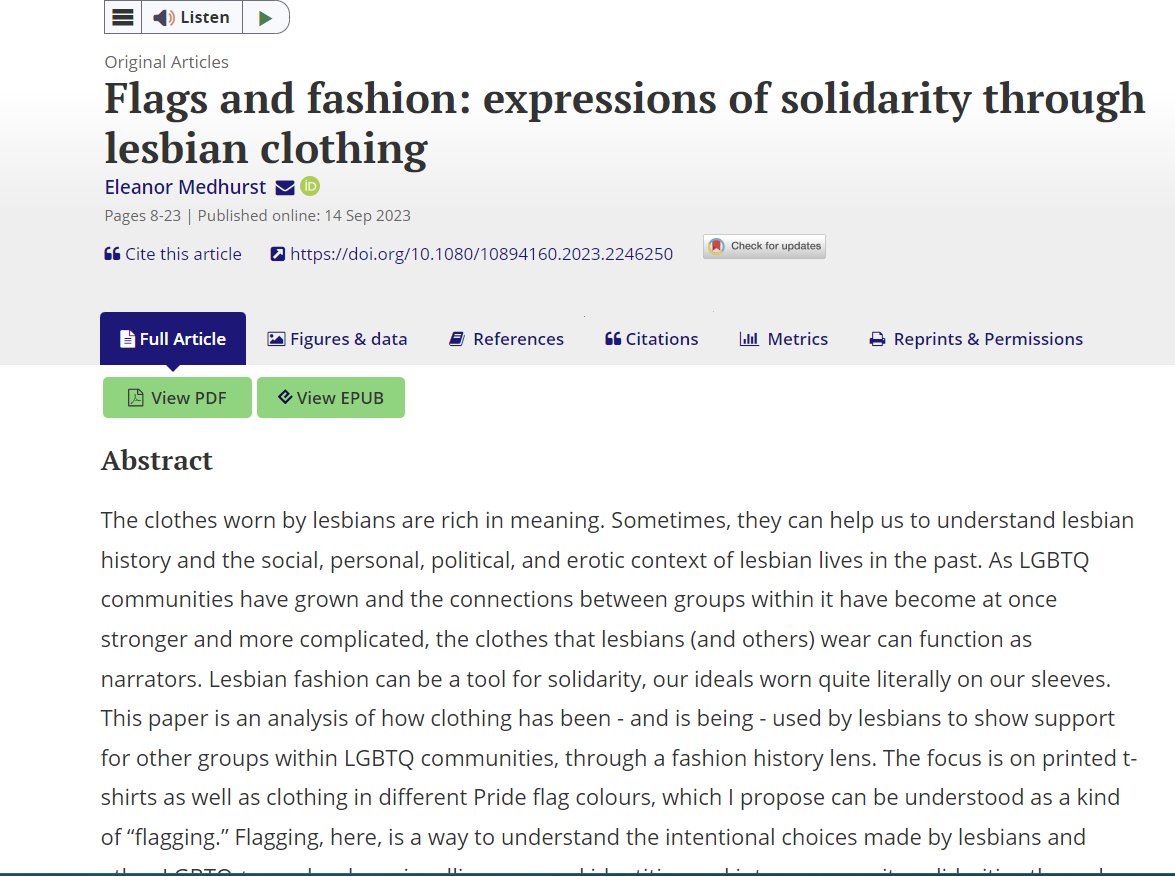 “ Lesbian fashion can be a tool for solidarity, our ideals worn quite literally on our sleeves.” - Eeanor Medhurst in Flags and fashion: expressions of solidarity through lesbian clothing. Check it out now: tandfonline.com/doi/full/10.10…