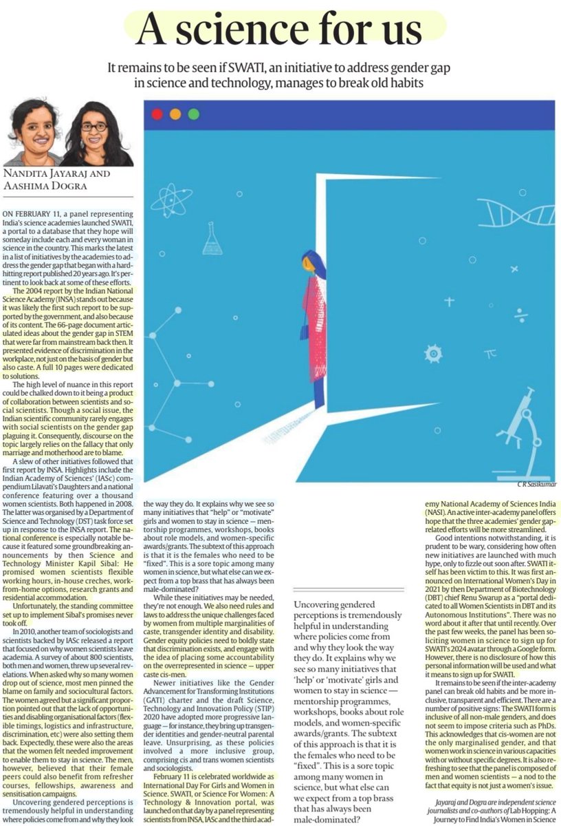 #GenderParity 

'A Science for Us'

:An Insightful article by Ms Nandita Jayaraj & Ms Aashima Dogra

@nandita_j @aashimafreidog 

#SWATI #InternationalDayofWomenandGirlsinScience
#Gender
#GenderBias #WomenInScience 
#Science #tech #research 
#WomenInSTEM 

#UPSC 

Source: IE