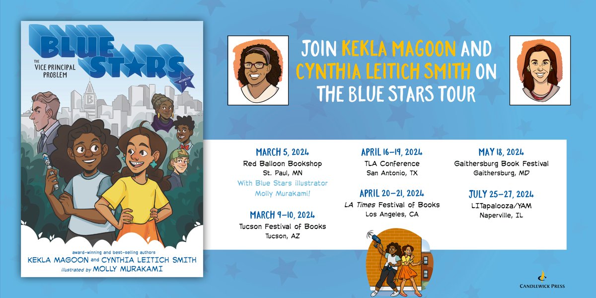 💙💙Join me and @KeklaMagoon for the BLUE STARS tour! We're so excited to celebrate @heymols in St. Paul & see y'all for bookish fun. @RedBalloonBooks @TFOB @TXLA @LATimesfestival @latimesfob @GburgBookFest @andersonsbkshp @LITapalooza @Candlewick @CandlewickClass @VCFAWCYA