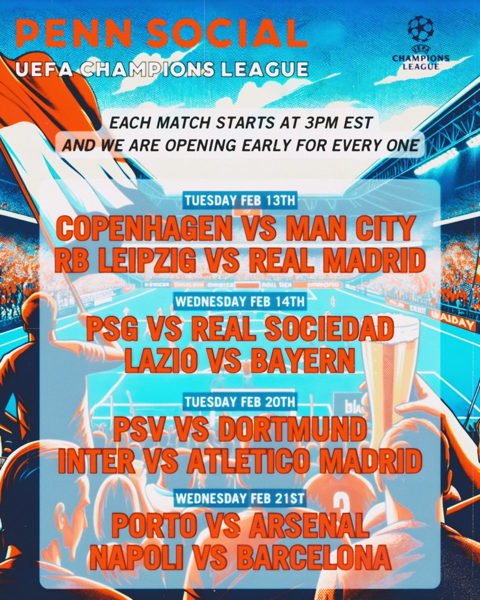 ⚽️ Kick off the Champions League with us at Penn Social! Opening early for 3pm matches. Catch every play on DC’s ‘biggest’ bar screen (wink-wink 😉). Great eats, cold beers, and the best football atmosphere! #UEFAatPenn #BigScreenGoals #ChampionsLeague