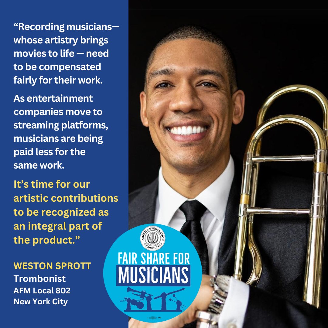“As entertainment companies move to streaming platforms, musicians are being paid less for the same work. It’s time for our artistic contributions to be recognized as an integral part of the product.' #fs4m Weston Sprott, Trombonist, @The_AFM @Local_802_AFM