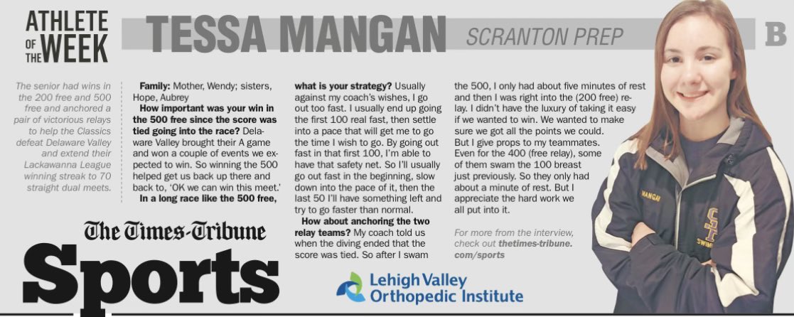 Congratulations to senior swimmer Tessa Mangan…the Times-Tribune Athlete of the Week!
