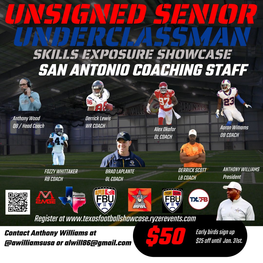 SA up next!
Coaching staff locked in✅
Unsigned seniors still looking? 
Underclassman needing verifiable laser combine results? 
Objective scouting evaluations!
Intense coaching and 1v1 drills!
<a href="/FBUcamp/">Football University</a> invites!
Livestream to college coaches!
Registration is open⬇️⬇️