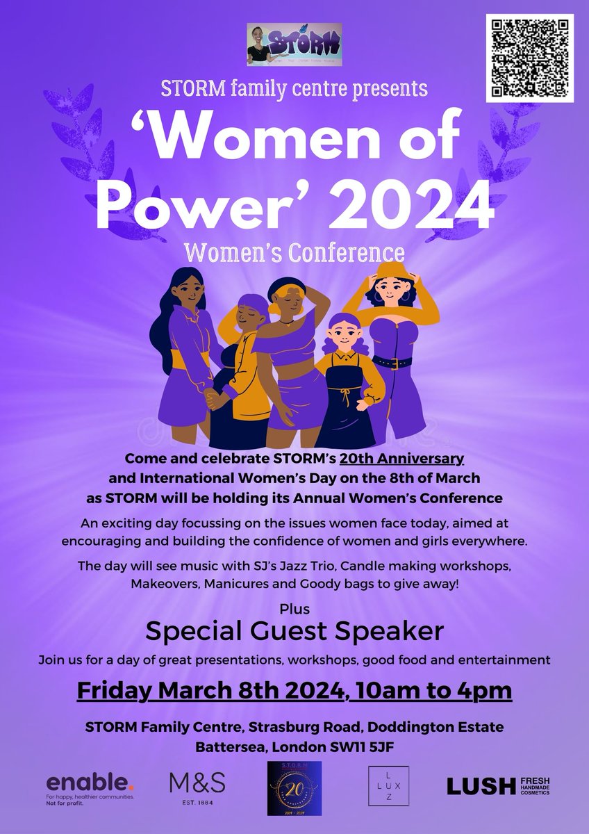 Join us for 'Women of Power' on Fri, March 8th 24, 10:00  AM - 4:00 PM! This year we're celebrating our 20th anniversary - Get your ticket now: eventbrite.com/e/women-of-pow…
For an empowering day dedicated to honouring women from all walks of life.
 #WomenOfPower #STORM20thAnniversary