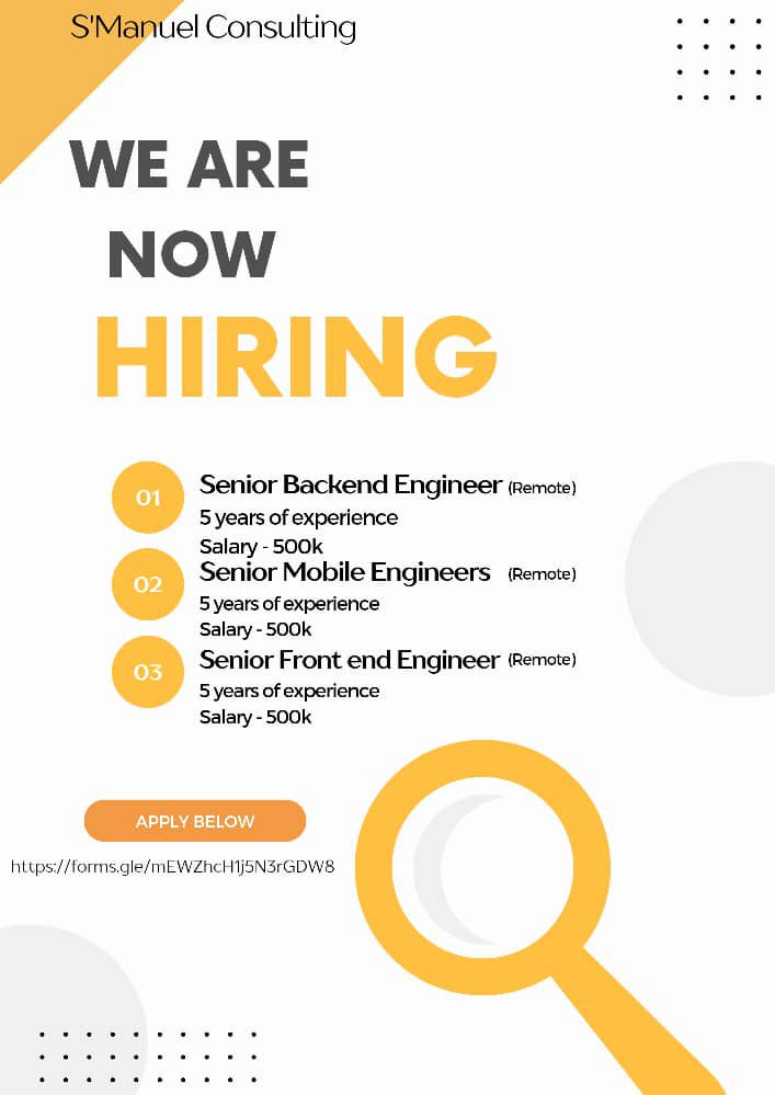 🚀 Join our dynamic team! ‼️

We're hiring Senior Backend, Mobile, and Front End Engineers!🧑‍💻 

Fully Remote☺️☺️

Min: 5yrs

Are you passionate about pushing boundaries in tech? Come work with us

Apply now: forms.gle/mEWZhcH1j5N3rG…

#TechJobs #Engineering #HiringNow #remotejobs