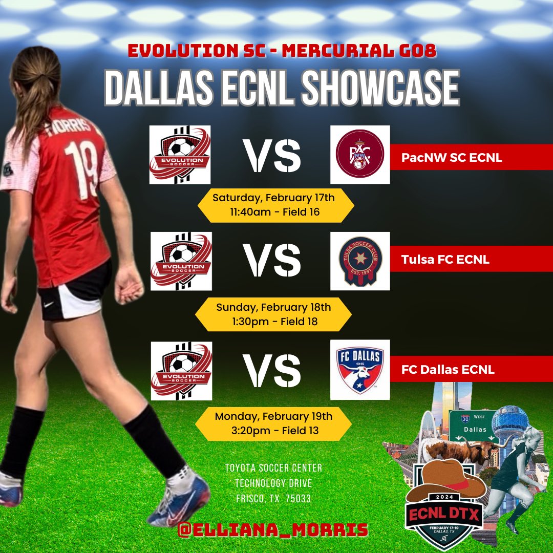 Cant wait for #ECNLDTX this weekend. We have a ton of talent on our team. Here is our match schedule. @Evolution_SC14 @ECNLgirls @TheECNL @ImYouthSoccer @ImCollegeSoccer @USYNT @TopDrawerSoccer @PrepSoccer @JREskilson @mattsmithsoccer @TeddyBahu @grtorres @TheSoccerWire
