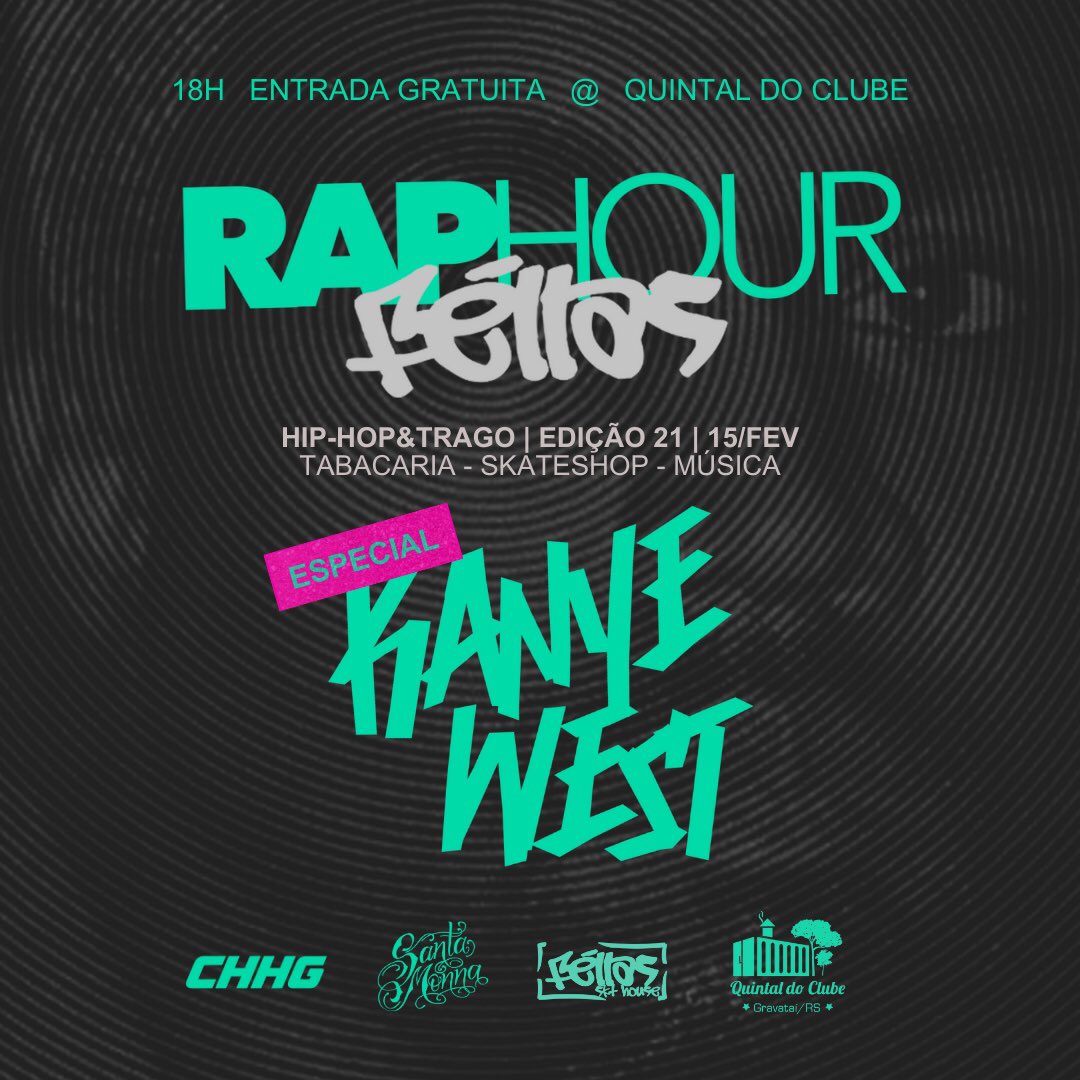 Um gênio ou um louco? Nessa quinta, na 21º edição do Rap Hour Fellas, faremos a audição do álbum “Vultures 1”, lançamento do Kanye W. com Ty Dolla Sign.

+ set com Dj Moira (<a href="/spaceinthewoods/">dj moira</a>)
+ núcleo de estudos caligráficos
+ caipa dupla por R$25
+ 5 bud por R$50.

Quem vamos?