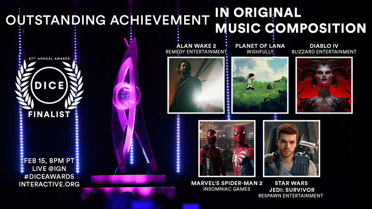 Our #DICEAwards nominees for Outstanding Achievement in Original Music Composition are: #AlanWake2 #DiabloIV #SpiderMan2PS5 #StarWarsJediSurvivor Planet of Lana Which soundtrack totally blew you away this year? Watch the awards: interactive.org