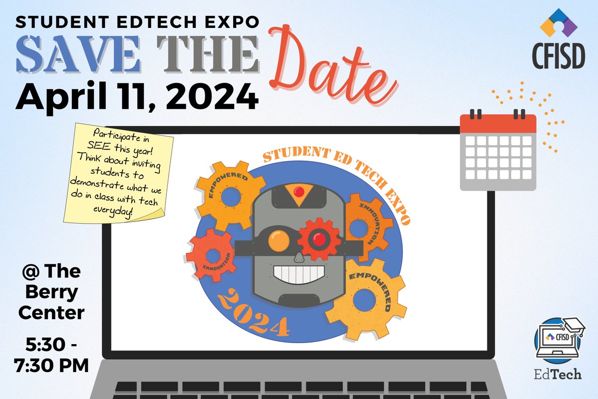 CyFairEdTech's tweet photo. 🌟 Only 2 weeks left to register for the Student EdTech Expo in CyFair ISD! 🚀 Don't miss the chance for students to showcase their tech brilliance! 🌐✨ Let's rally together for community support! Reg NOW w/your campus liaisons #EdTechExpo #CyFairISD #BondAtWork📚👦👧 https://t.co/lTQR1VMlAs