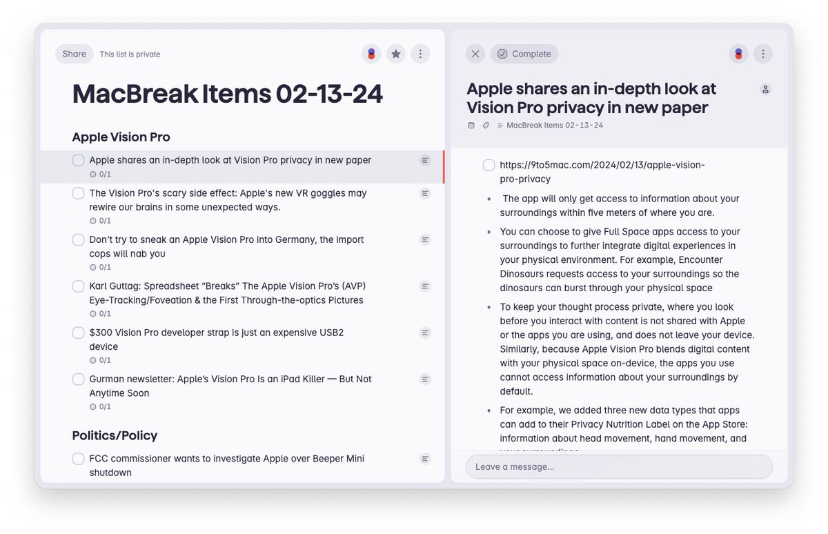 I've been using @Superlist all day and it's instantly become a fave to-do/notes/projects/ideas app. I went from never having used it (it launched this AM) to prepping all of my news stories and notes for this week's @macbreakweekly with it. It has some 1.0 bugs but I don't care!