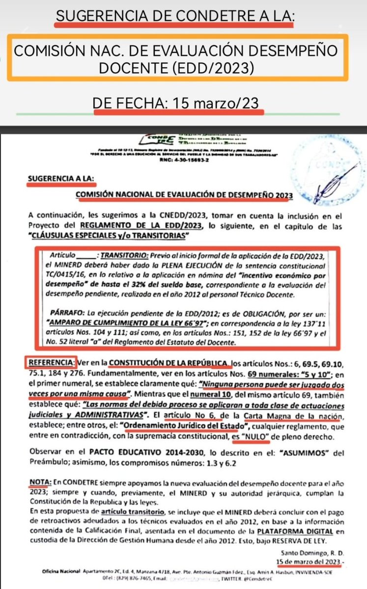 CondetreC's tweet photo. @EducacionRDo @plerd_oficial En @CondetreC APOYAMOS 100% la aplicación de nueva Evaluación del desempeño (EDD/2024); SIEMPRE Y CUANDO, primero, se ACATE la sentencia TC/0415/16, d/l EDD/2012 en @EducacionRDo

SINO; SERÍA UN ACTO INCONSTITUCIONAL y nos obligarían a una "MEDIDA CAUTELAR" contra esa VIOLACION https://t.co/AcI2eJ62q4
