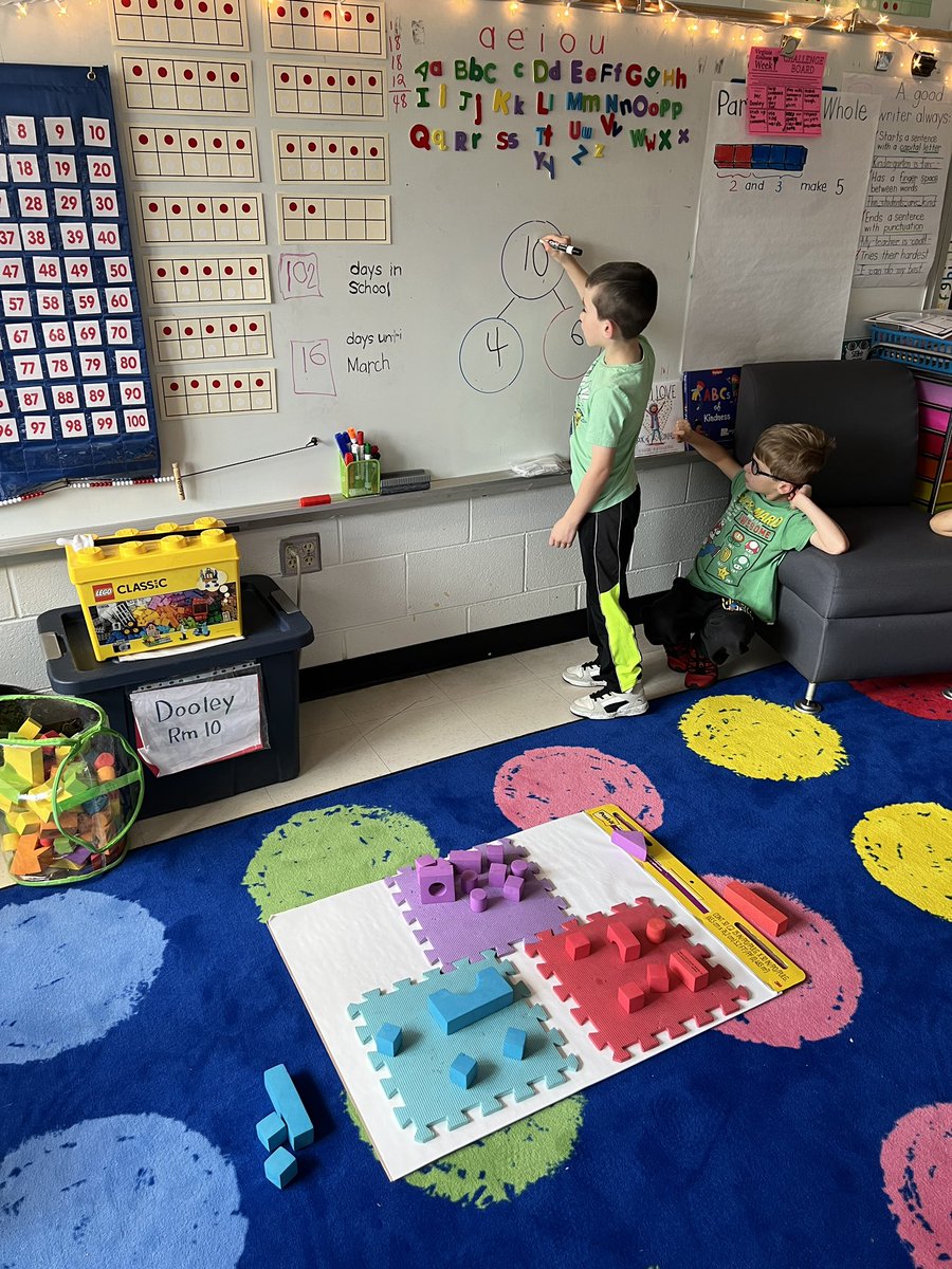 DooleyDoes's tweet photo. Using multiple resources to reach our target of recognizing and describing with fluency part-whole relationships for numbers to 10. Loved seeing these students double check their work and be stoked about coming up with the correct answer. 🧱#numeration #kindergarten @cfescolts https://t.co/JJEe7T70v5