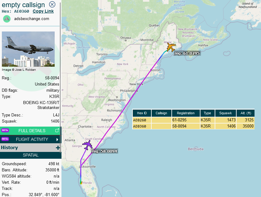SirListenalot's tweet photo. ~1810z #KC135's #AE0260 #ROMA12 &amp; #AE0360 #ROMA02 relocating from McDill to Bangor for upcoming #CoronetEast 024 https://t.co/d4fjq7W4Fc