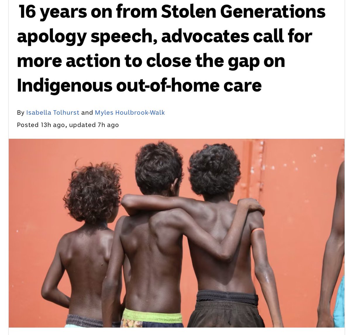 A national disgrace': call for more action to #closethegap on First Nations out-of-home care 16 years on from apology to the Stolen Generations, statistics show Indigenous children are still being removed from their families at a significant rate abc.net.au/news/2024-02-1…