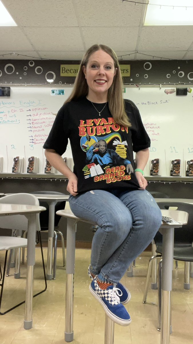 One of my early bday gifts from da hubs. “LeVar Burton says, ‘Read Banned Books!’”
Sassy shoes, as he often did on Reading Rainbow😉&amp; fun socks that remind me of some of the sweaters! <a href="/levarburton/">LeVar Burton</a> 
#ReadingRainbow #EnglishTeacher #ReadBannedBooks #WeirdTeachersBuildCharacter