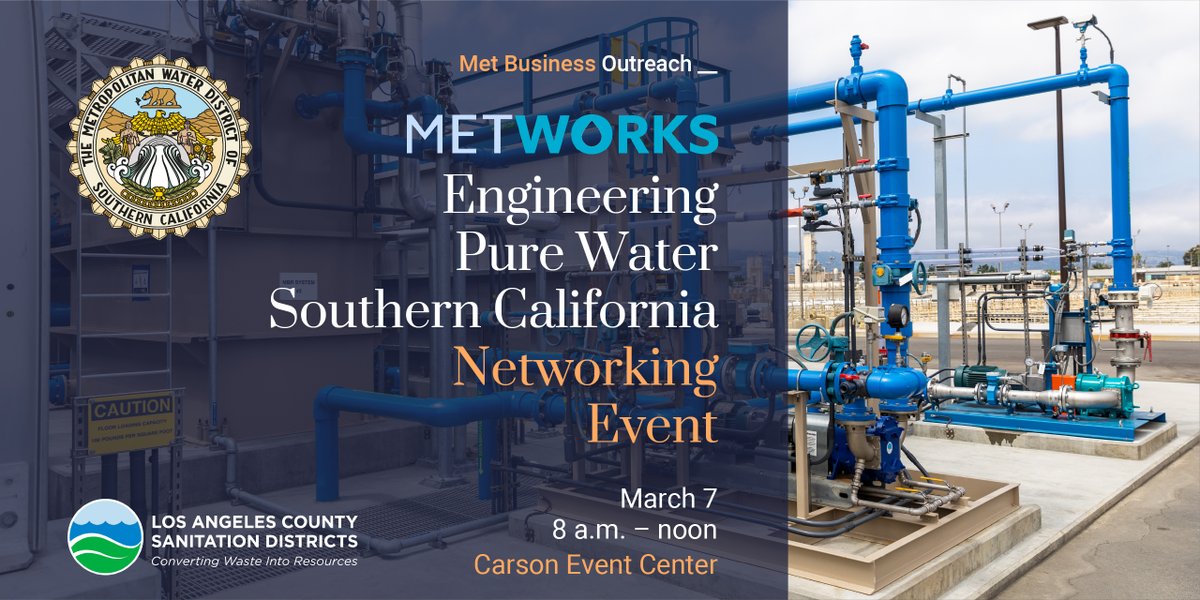 mwdh2o's tweet photo. Join us for the #MetWorks networking event on March 7 in Carson where we'll be discussing future contract opportunities for #PureWaterSoCal. Small, local, and Disabled Veteran Business Enterprises, this is your chance to learn more. Register now: https://t.co/r1P3XxvvYu https://t.co/vwu5z0quMU