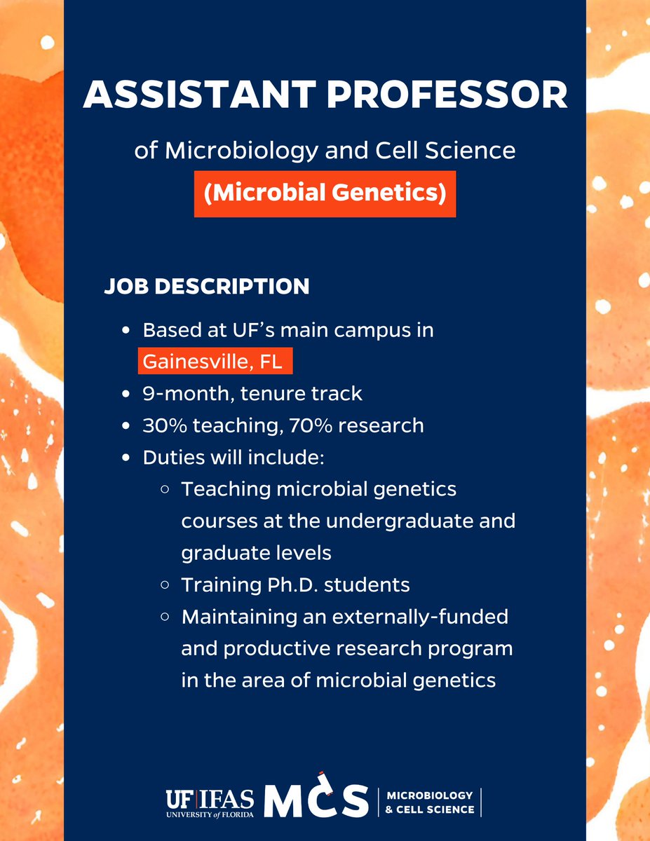 George O'Toole (he/him/his) (@geiselbiofilm) on Twitter photo Please Share!  Tenure Track Assistant Professor in Microbial Genetics in the Dept of Microbiology & Cell Science at the U of Florida.
Details are attached and available at the following link:  explore.jobs.ufl.edu/en-us/job/5300…
Review starting March 1, 2024. Please Share!  Tenure Track Assistant Professor in Microbial Genetics in the Dept of Microbiology & Cell Science at the U of Florida.
Details are attached and available at the following link:  explore.jobs.ufl.edu/en-us/job/5300…
Review starting March 1, 2024.