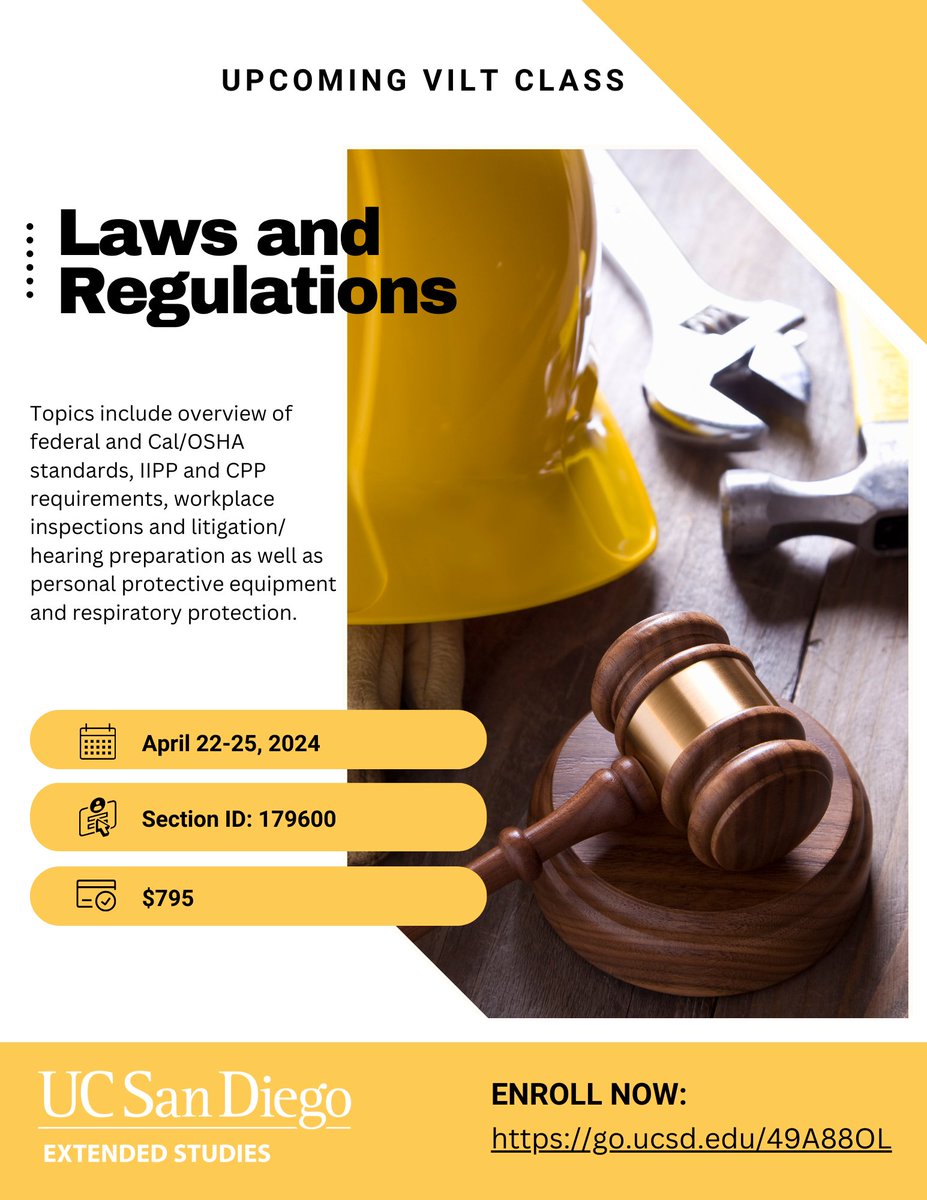 UCSD_OTIEC's tweet photo. Upcoming VILT class alert
Laws and Regulations April 22-25, 2024
Instructor Ursula Clemons-Heslip, Esq. 
Register here: https://t.co/8mx7LKupvh
#HealthandSafety
#LearntheRules
#UCSD https://t.co/fyreG4QjZc
