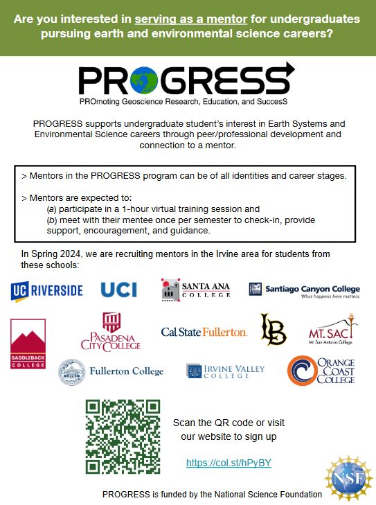 Do you reside in Orange County? If so, the PROGRESS (PROmoting Geoscience Research Education and SuccesS) program is seeking volunteers interested in mentoring undergraduates pursuing earth and environmental science careers. <a href="/ESWNtweets/">ESWN</a> 
buff.ly/3SAX7Gm