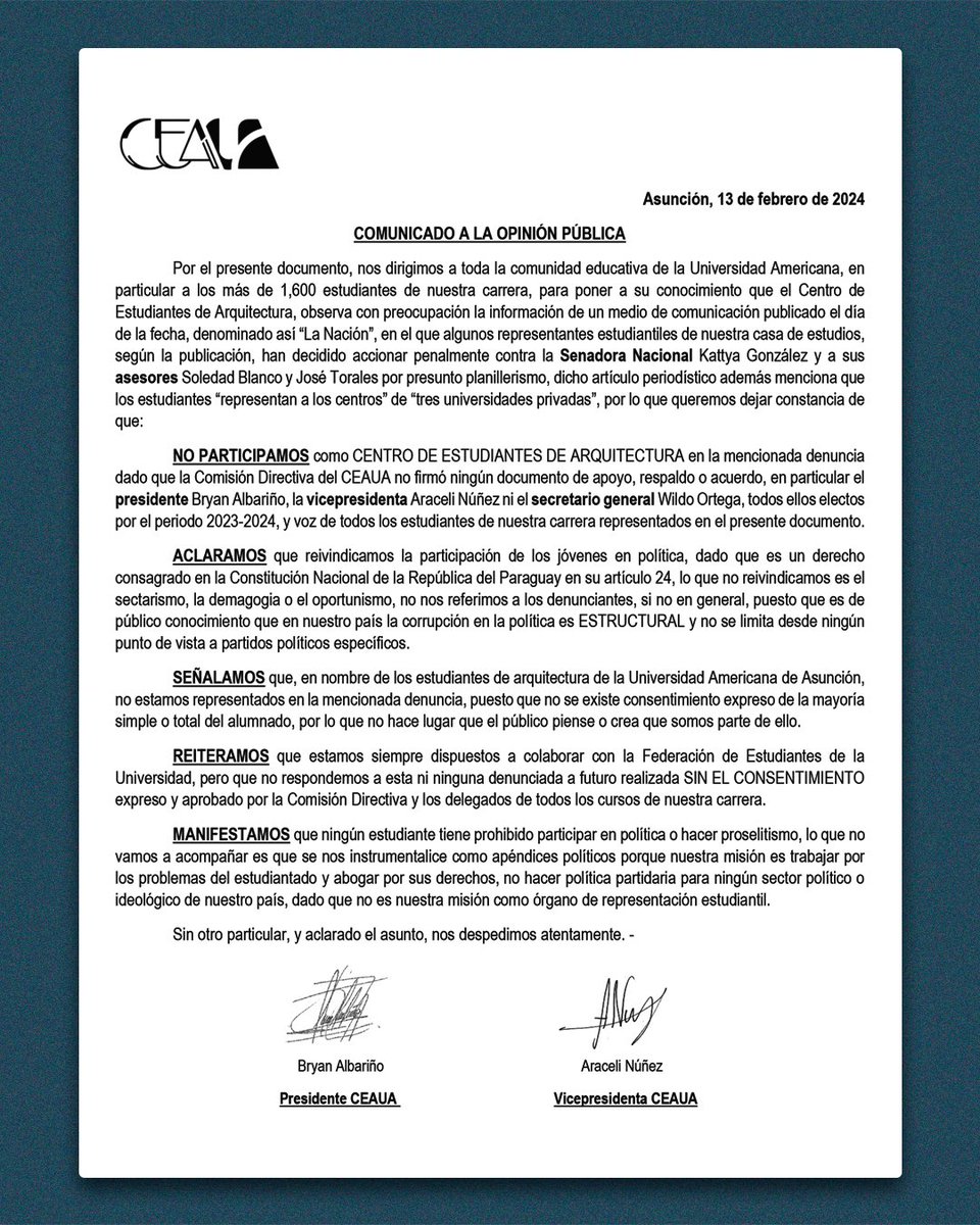 elcronistapy's tweet photo. 🔵AHORA🔵
📄 El @ceaua2023 emite un comunicado ante una falsa publicación del medio ultracartista La Nación.

#ElCronista https://t.co/4src7BeQor