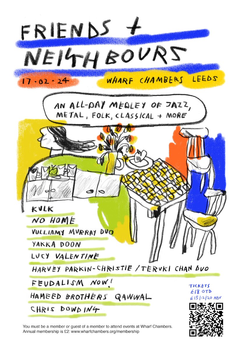 Pleased to share this absolutely stacked line-up for our Friends + Neighbours all-dayer  in Leeds this Saturday!

<a href="/kulkband/">kulk</a> / <a href="/charliexxx/">c</a> / <a href="/AbyVulliamy/">Unnecessary Spectacles</a> / <a href="/capriciousmetal/">Lucy Valentine</a> / <a href="/chrisjdowding/">Chris Dowding</a> + more

2pm start at <a href="/WharfChambersCC/">Wharf Chambers</a>

Book it in:
wegottickets.com/event/603693

🎨: <a href="/peonygent/">peony gent</a>