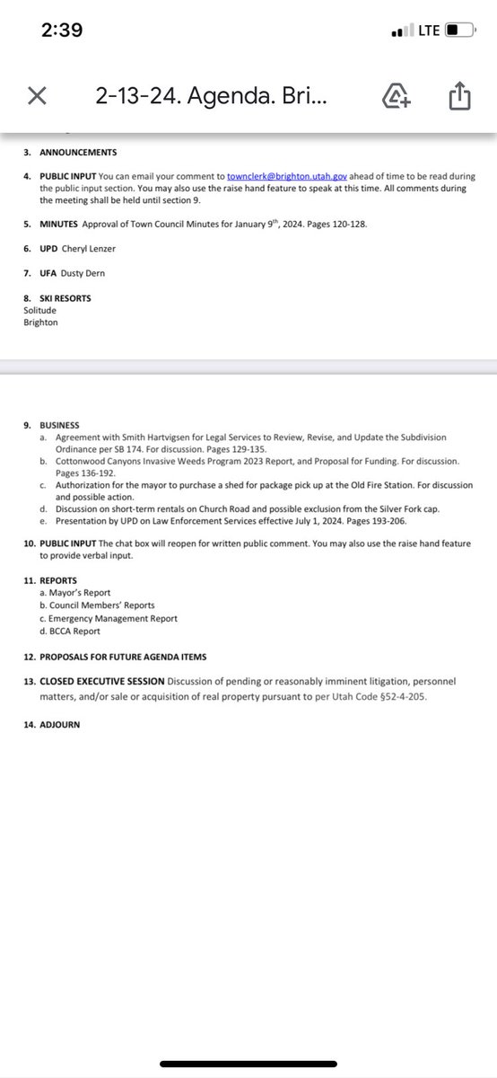 BrightonUT's tweet image. Town Council meeting tonight, 2/13, 6pm: Work Session with the Sheriff’s office. Regular meeting at 6:30pm. Two public hearings before business items. At fire station 108, or zoom, link in agenda. brighton.utah.gov/meetings
