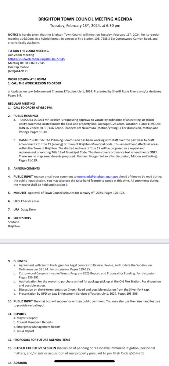 BrightonUT's tweet image. Town Council meeting tonight, 2/13, 6pm: Work Session with the Sheriff’s office. Regular meeting at 6:30pm. Two public hearings before business items. At fire station 108, or zoom, link in agenda. brighton.utah.gov/meetings
