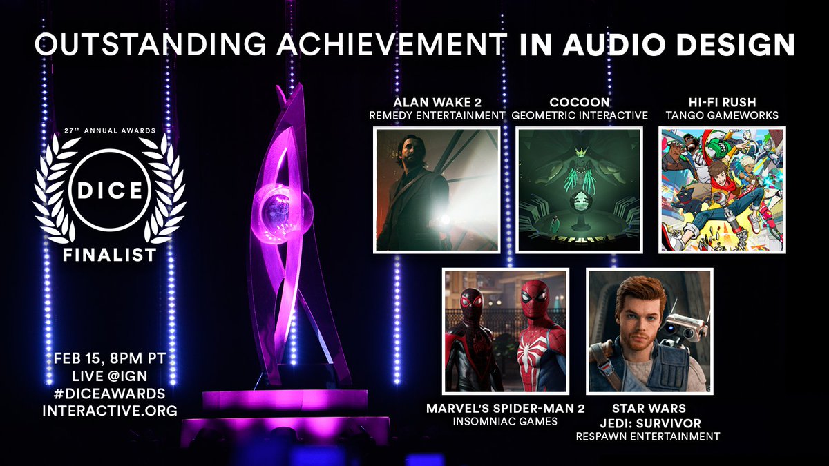 In Outstanding Achievement in Audio Design, our #DICEAwards nominees this year are: #AlanWake2 @PlayCocoon #HiFiRUSH #SpiderMan2PS5 #StarWarsJediSurvivor Which title's audio design did you personally love most? Watch the awards live: interactive.org
