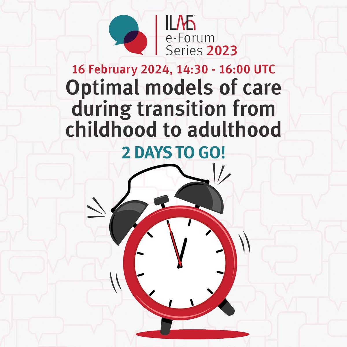 Time is ticking... The #ILAE e-Forum: Optimal models of care during transition from childhood to adulthood is in 2 DAYS on 16 February at 14:30 UTC. Register now for free and gain access to the pre-reading materials: ilae.org/e-forum4.
#epilepsy #epilepsyeducation <a href="/yesILAE/">yesILAE</a>