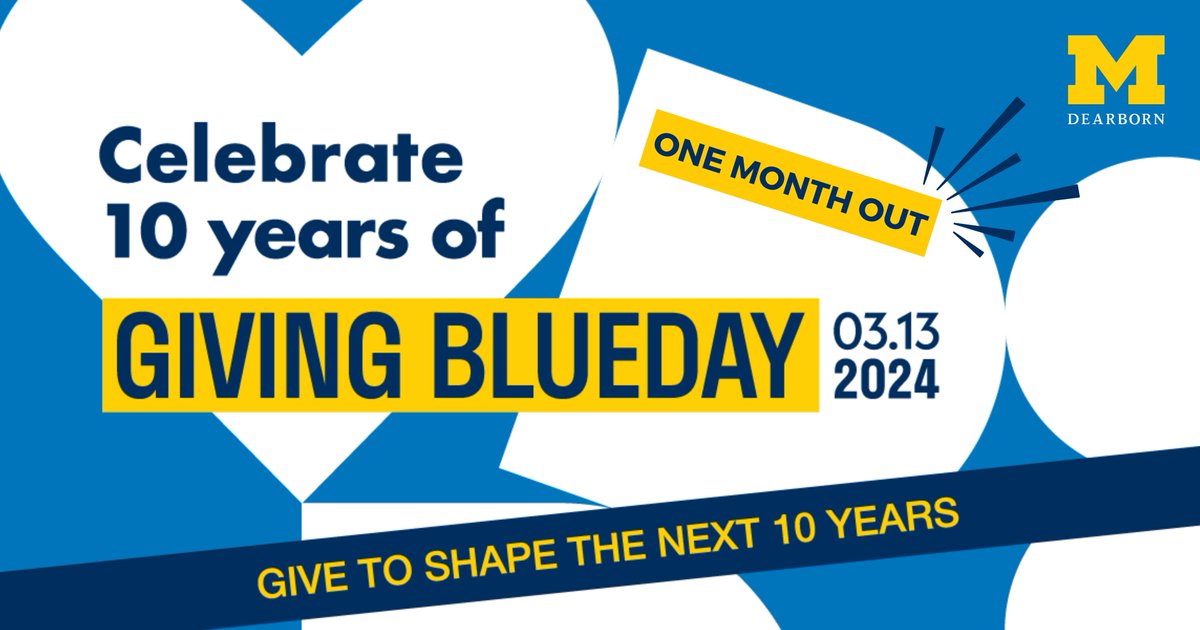 UMDearbornAlums's tweet photo. Celebrate the 10th Giving Blueday at U-M Dearborn on March 13! Marking a decade of generosity that has driven impact and change,  join us to shape the next 10 years of transformation and impact. Where will you give on Giving Blueday? #UMDearbornGBD #GivingBlueday https://t.co/SUhvm8nWxK