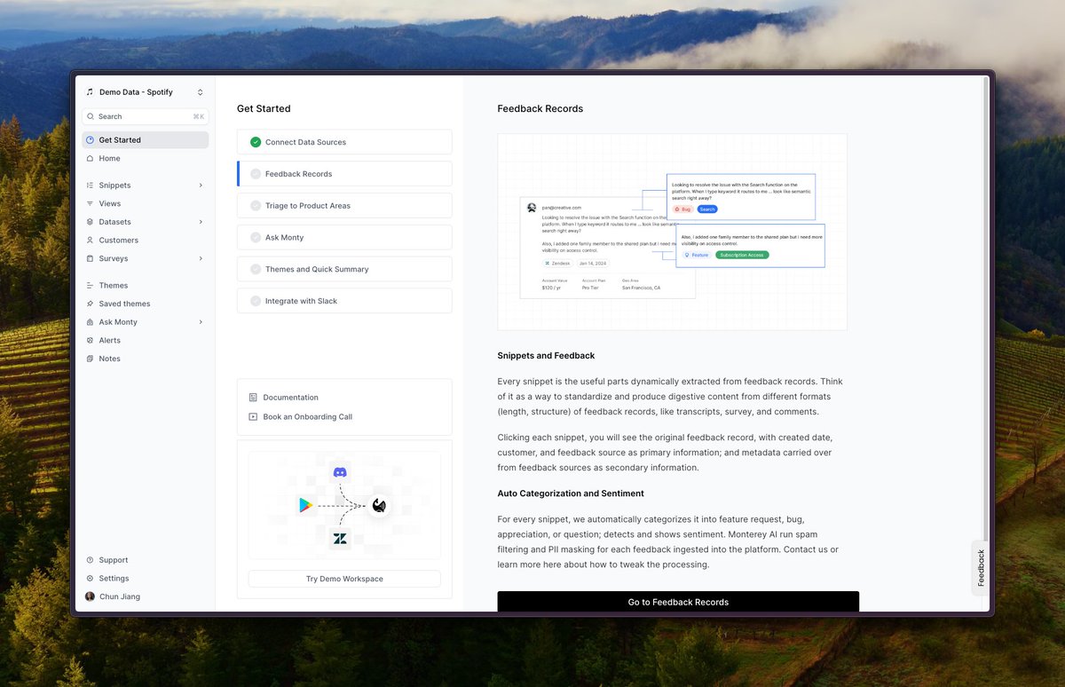 ✨ Newly Launched Onboarding Hub x @doptcom The onboarding flow of Monterey AI is designed to hit four goals all at once: 🎯 Actionable: Set up Data Sources and Integrations 🎬 Learn Critical Concepts about the Product: Snippets, Project Areas ✨ Learn about using AI: What is