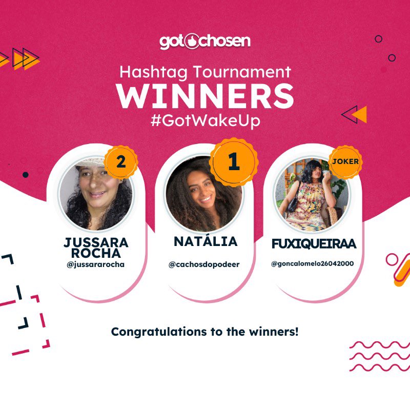 GotChosen's tweet photo. Congratulations to the winners!
Take part in the active Hashtag Tournament, and be in with a chance of being the next crowned winner!

#hashtagtournament #gotchosen #competition https://t.co/6LjCEmTjWZ