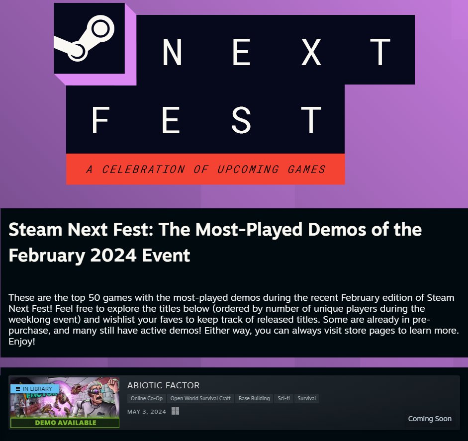 ABFGame's tweet image. Our demo is certainly one of the demos of all time.

(And you can still play it now)
store.steampowered.com/sale/nextfestm…