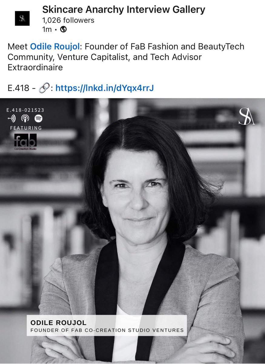 BeautyTechVent1's tweet image. Venture Capital. Meet @Odile_Roujol : Founder of FaB Fashion and BeautyTech Community, Venture Capitalist, and Tech Advisor Extraordinaire  

E.418 - 🔗: lnkd.in/dYqx4rrJ @SkincareAnarchy #venturecapital #sciencebased #healthspan #k18hair #biotech