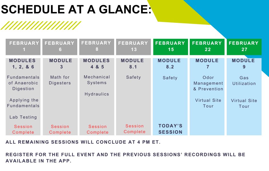 ambiogascouncil's tweet photo. There are only 3 sessions remaining in ABC's virtual #OperatorSchool!
Missed the earlier sessions, but still want the content? Register for the full course today, and get the recordings.
Register: https://t.co/m7BJgIz8vi
#biogasoperators #digesters #training https://t.co/Zw21UkeTIg