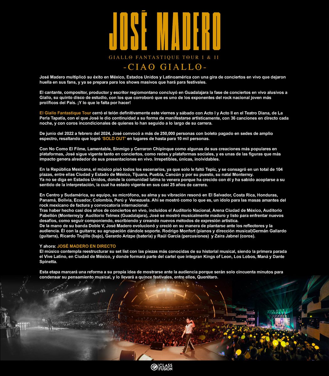 Gracias a todos por esos momentos inolvidables con la gira de Giallo Fantastique Tour💛
Ha sido un viaje increíble lleno de música, amor y recuerdos inolvidables. ✨
Y ahora con JOSÉ MADERO EN DIRECTO daremos comienzo en el <a href="/vivelatino/">Vive Latino</a> 🤘🏽🎶