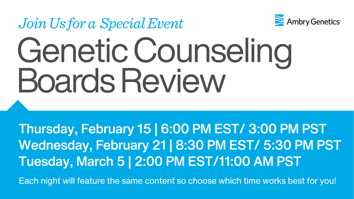 AmbryGenetics's tweet photo. Are you a recent Genetic Counseling grad? Have you registered for Ambry's annual Genetic Counseling Boards Review? The first session is Thursday, Feb. 15! Come study with this trivia-style event.
Register at https://t.co/pOeq6HllhY
#genechat #geneticcounseling #boardsreview https://t.co/4mzqA4Gzpj