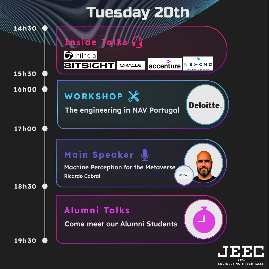 jeecist's tweet photo. 🌟 It's time for the second day, Tuesday, at JEEC24! 🌟 Check out the schedule filled with exciting activities, engaging workshops, and enlightening discussions! 📅 Get ready to dive into another day of learning and networking.

 #JEEC24 #SecondDay #Tuesday #Networking https://t.co/CvkHspwss3