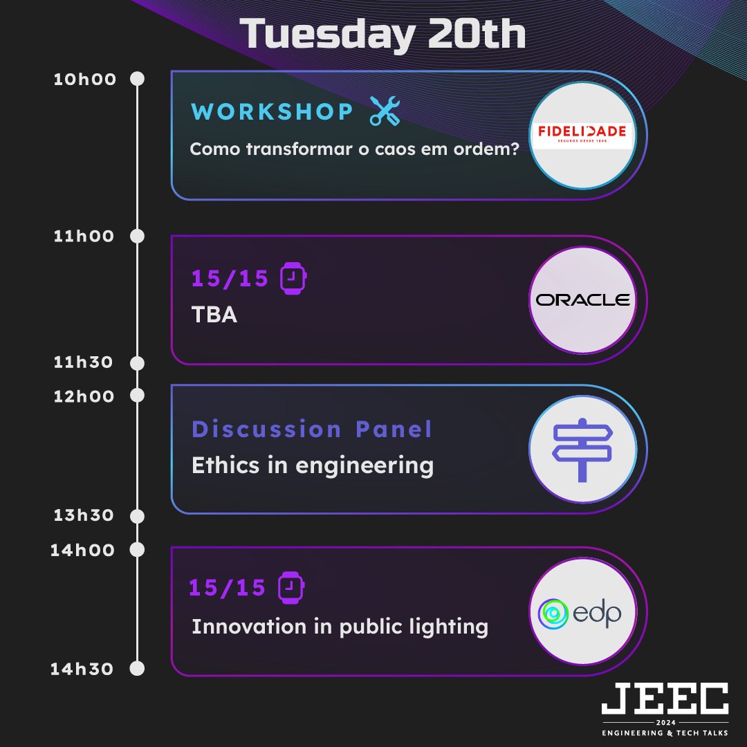 jeecist's tweet photo. 🌟 It's time for the second day, Tuesday, at JEEC24! 🌟 Check out the schedule filled with exciting activities, engaging workshops, and enlightening discussions! 📅 Get ready to dive into another day of learning and networking.

 #JEEC24 #SecondDay #Tuesday #Networking https://t.co/CvkHspwss3