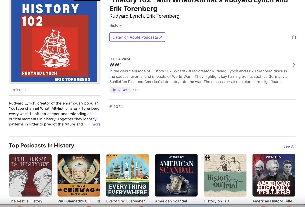 Excited to introduce our newest Turpentine podcast, 'History 102' featuring the epic @whatifalthist First episode is out and it’s on WW1. The rest of the season will cover classical Greece, early America, the Vikings, medieval Islam, ancient China, the fall of the Roman Empire,…