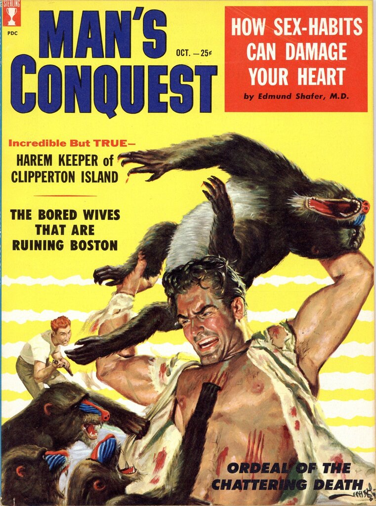 PulpCovers's tweet photo. How Sex Habits Can Damage Your Heart 

https://t.co/mhO1120wYa 
# Covers, Animal Attack, George Gross, Magazine, Man's Conquest, Sweats https://t.co/hNjRQvqVdc