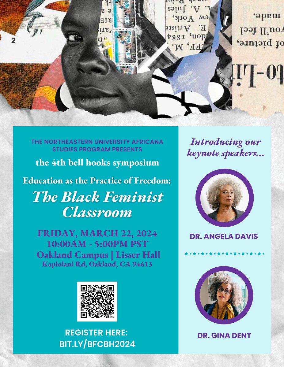 Our Oakland bell hooks symposium is on March 22 at Lisser Hall from 10AM-5PM PST. This year's keynote speakers are Dr. Angela Davis and Dr. Gina Dent! It is Hybrid and Free with Registration, Use the QR code/link above or the link in bio to register. #blkfeministclassroom2024