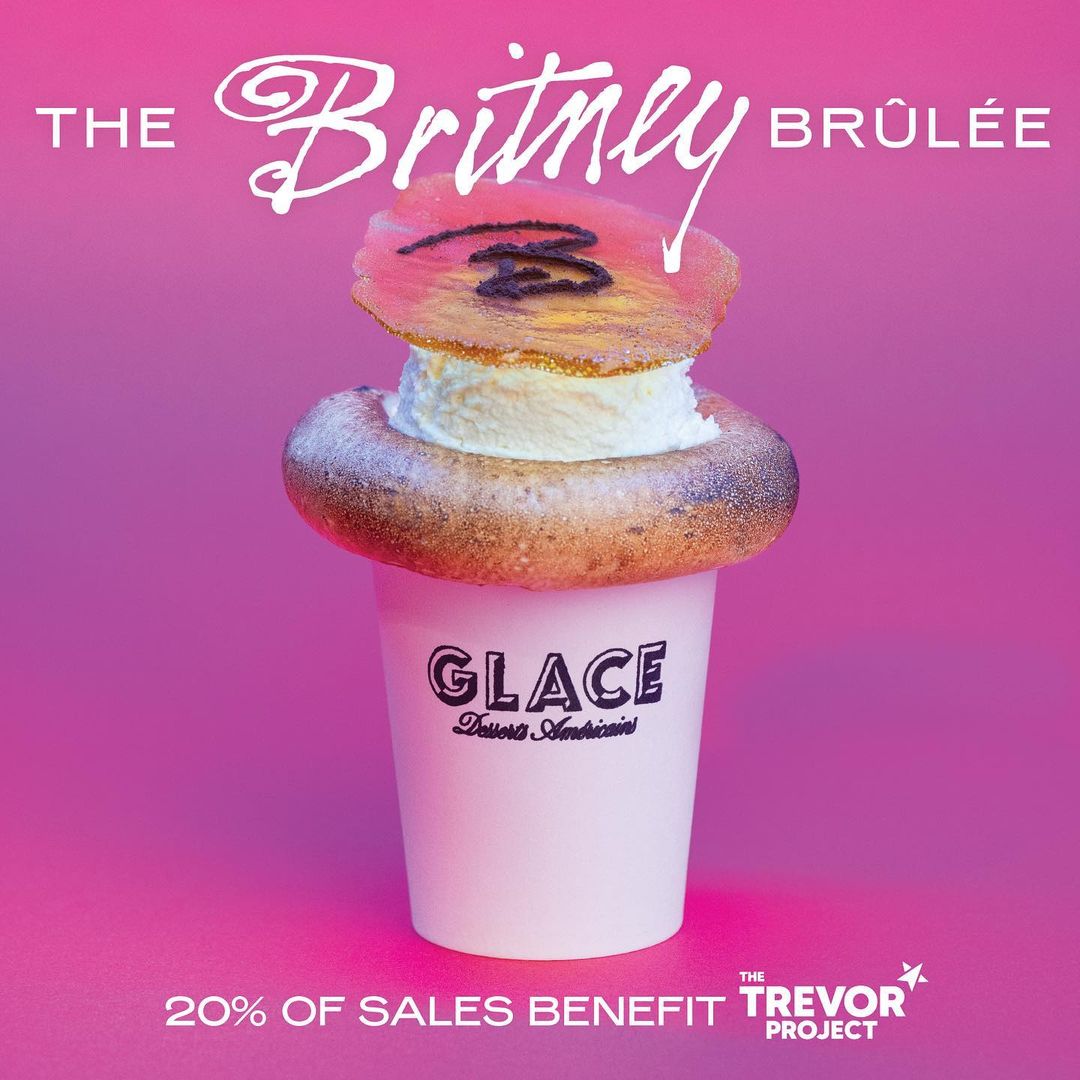 ABeardedHero's tweet photo. Britney Spears partners with Glace for her limited edition desert Britney Brûlée. 20% of sales will go to The Trevor Project, a nonprofit dedicated to ending suicide among young LGBTQ+ people. The Britney Brûlée will be available Feb 14-18