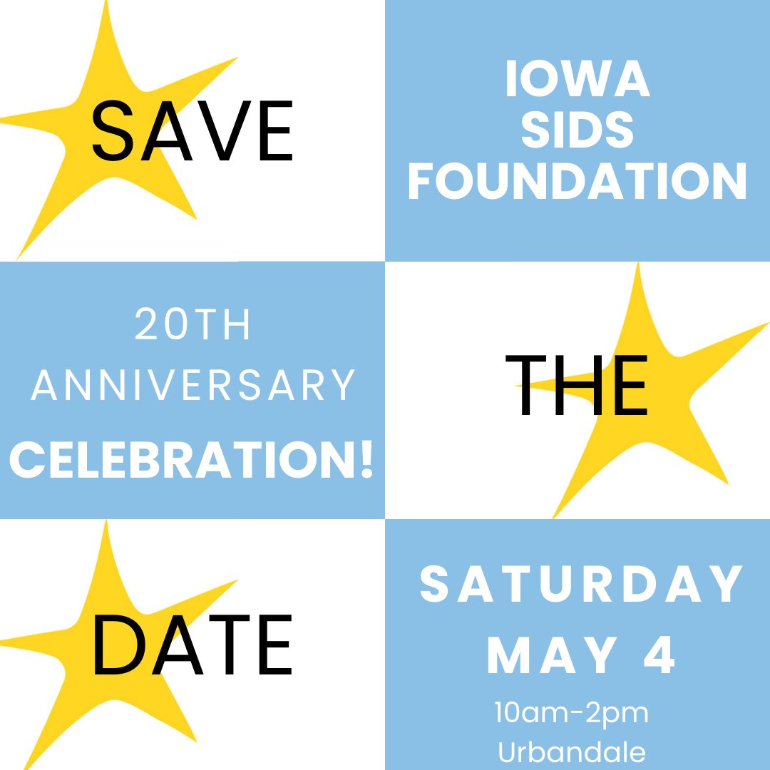 IowaSids's tweet image. Mark your calendars! We are planning an in-person gathering to celebrate the Iowa SIDS Foundation 20th Anniversary and bring our families together. We can't wait for this! More details to come in a few weeks, but please save the date- Saturday May 4!