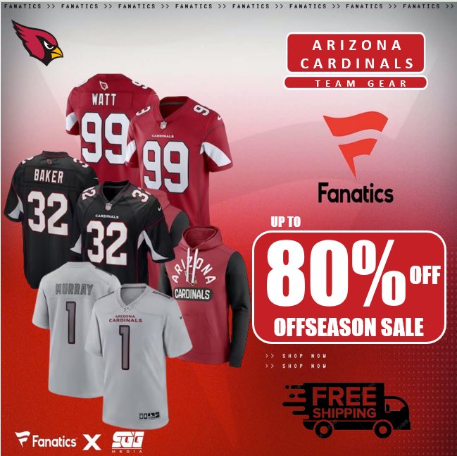 SGGpromotions's tweet photo. ARIZONA CARDINALS OFFSEASON SALE @Fanatics🏆

CARDINALS FANS‼️Take advantage of Fanatics EXCLUSIVE OFFER and get up to 80% OFF on Arizona gear with FREE SHIPPING using THIS PROMO LINK: https://t.co/yDM7aXgPvF 📈

ACT WHILE SUPPLIES LAST! 🤝 https://t.co/jo8ZEg4nAW