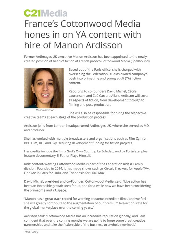 Cottonwood Media (@cottonwoodmedia) on Twitter photo Welcome to our new Head of Fiction, BAFTA-nominated <a href="/ManonArdisson/">Manon Ardisson</a> - Manon will focus on international prime-time YA and teen drama at <a href="/CottonwoodMedia/">Cottonwood Media</a>
#liveaction #tvproduction #cottonwoodmedia Welcome to our new Head of Fiction, BAFTA-nominated <a href="/ManonArdisson/">Manon Ardisson</a> - Manon will focus on international prime-time YA and teen drama at <a href="/CottonwoodMedia/">Cottonwood Media</a>
#liveaction #tvproduction #cottonwoodmedia